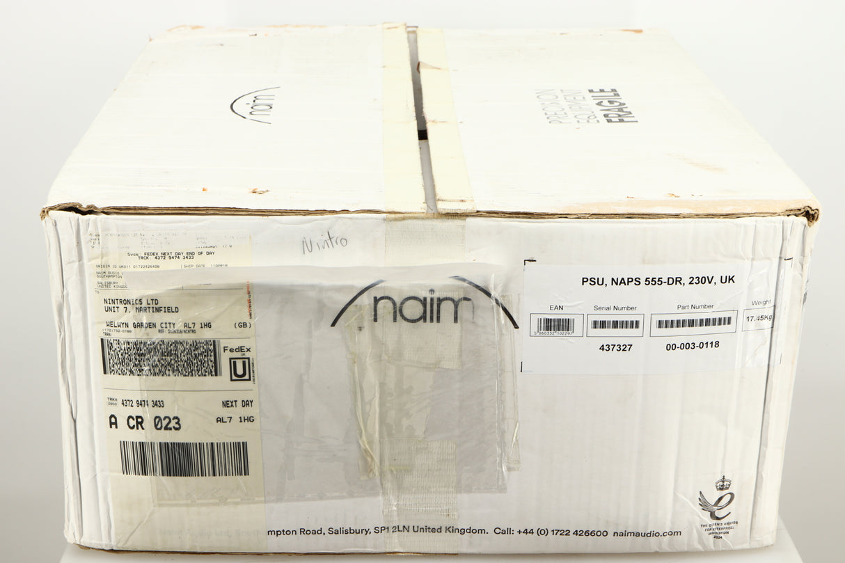 Box for a used Naim CD555PS DR Power Supply in a black finish