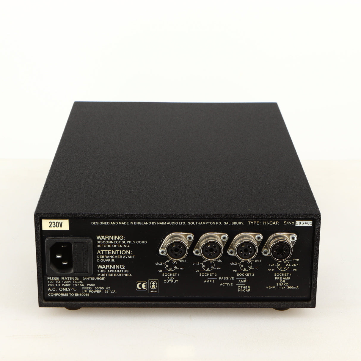 Rear view of a used Naim Hicap Power Supply in a black finish showing Mains Input and SNAIC Output
