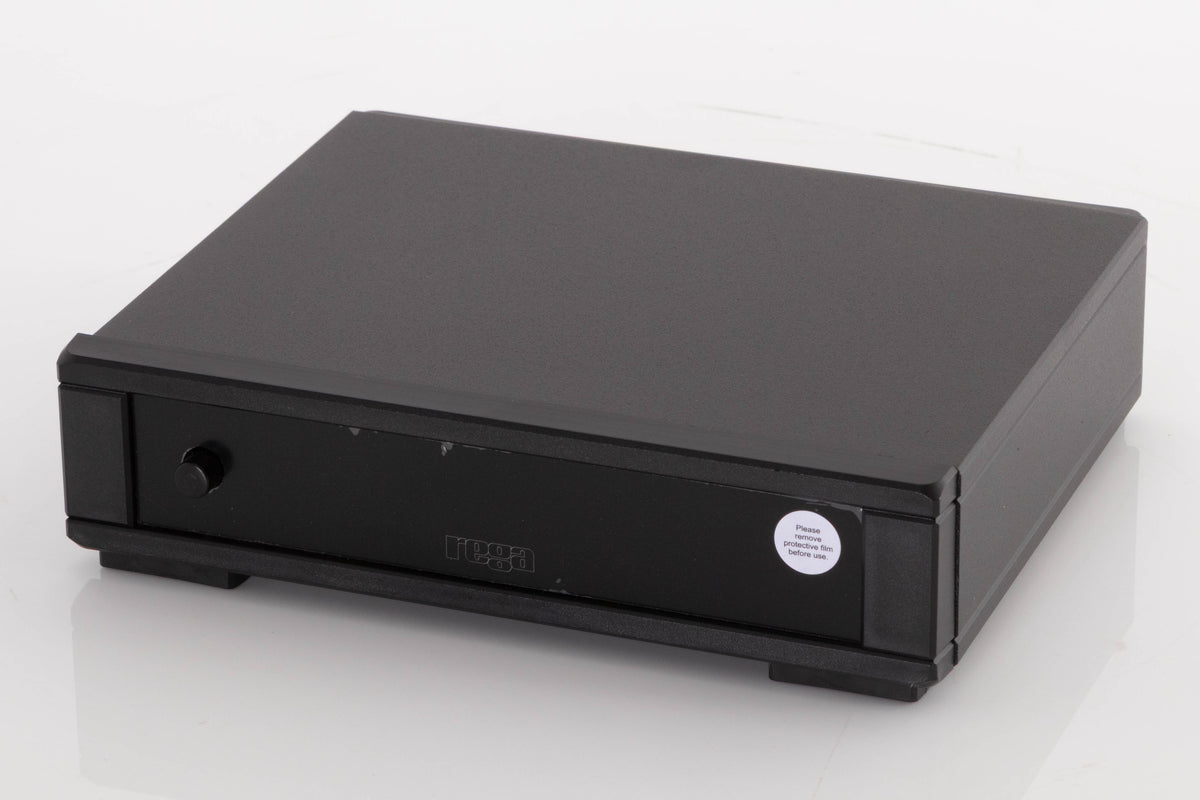 Close up of a used Rega FONO MM MK5 Phonostage in a Black finish showing screen