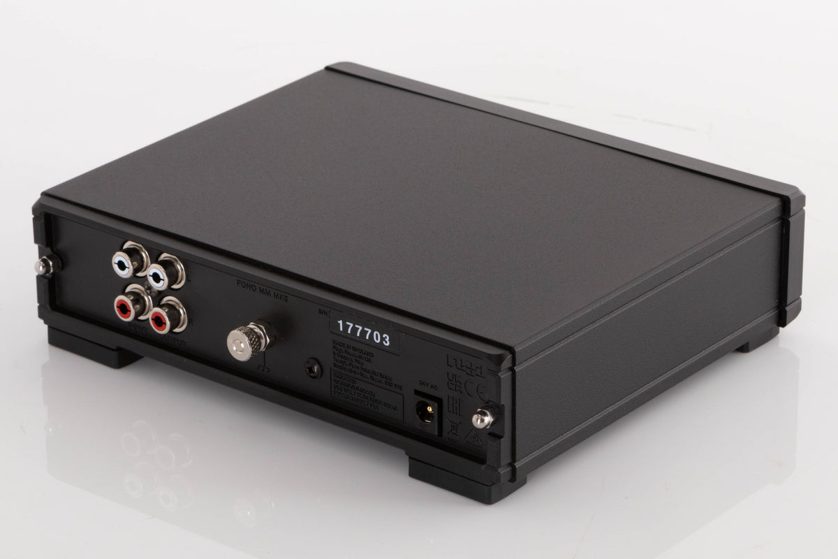 Rear left corner of a used Rega FONO MM MK5 Phonostage in a Black finish