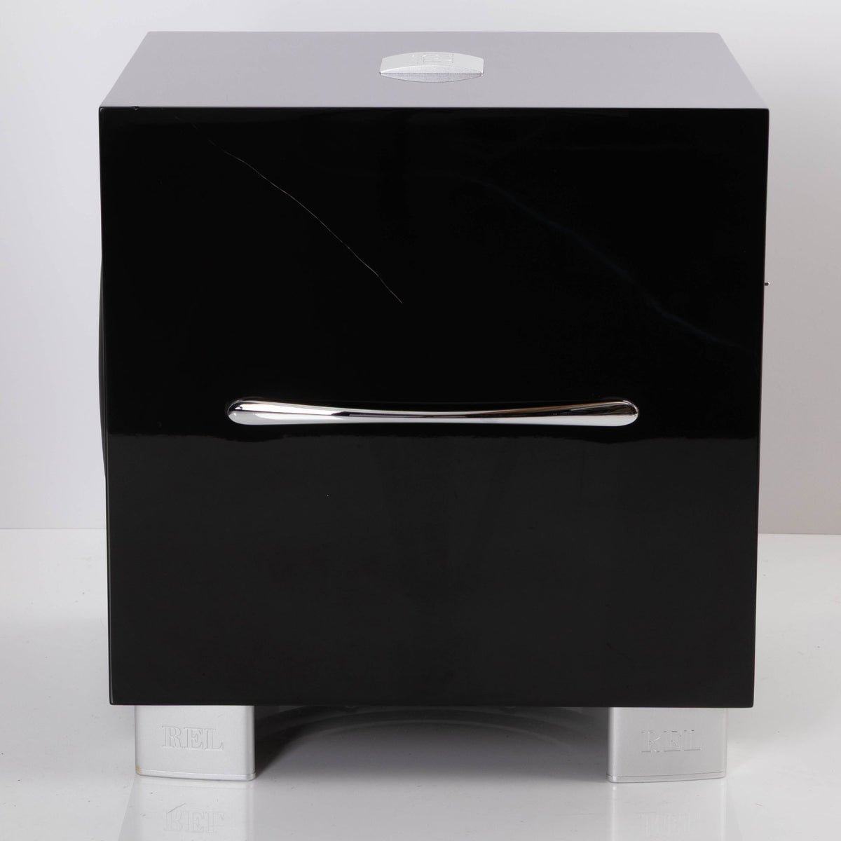 REL S/3 Subwoofer Black Gloss – Used – Right Side View Showing large scratch