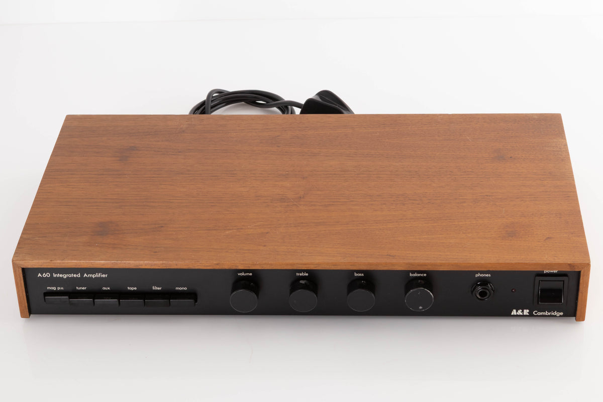 Top of a used A&R A60 Integrated Amplifier in a Teak finish