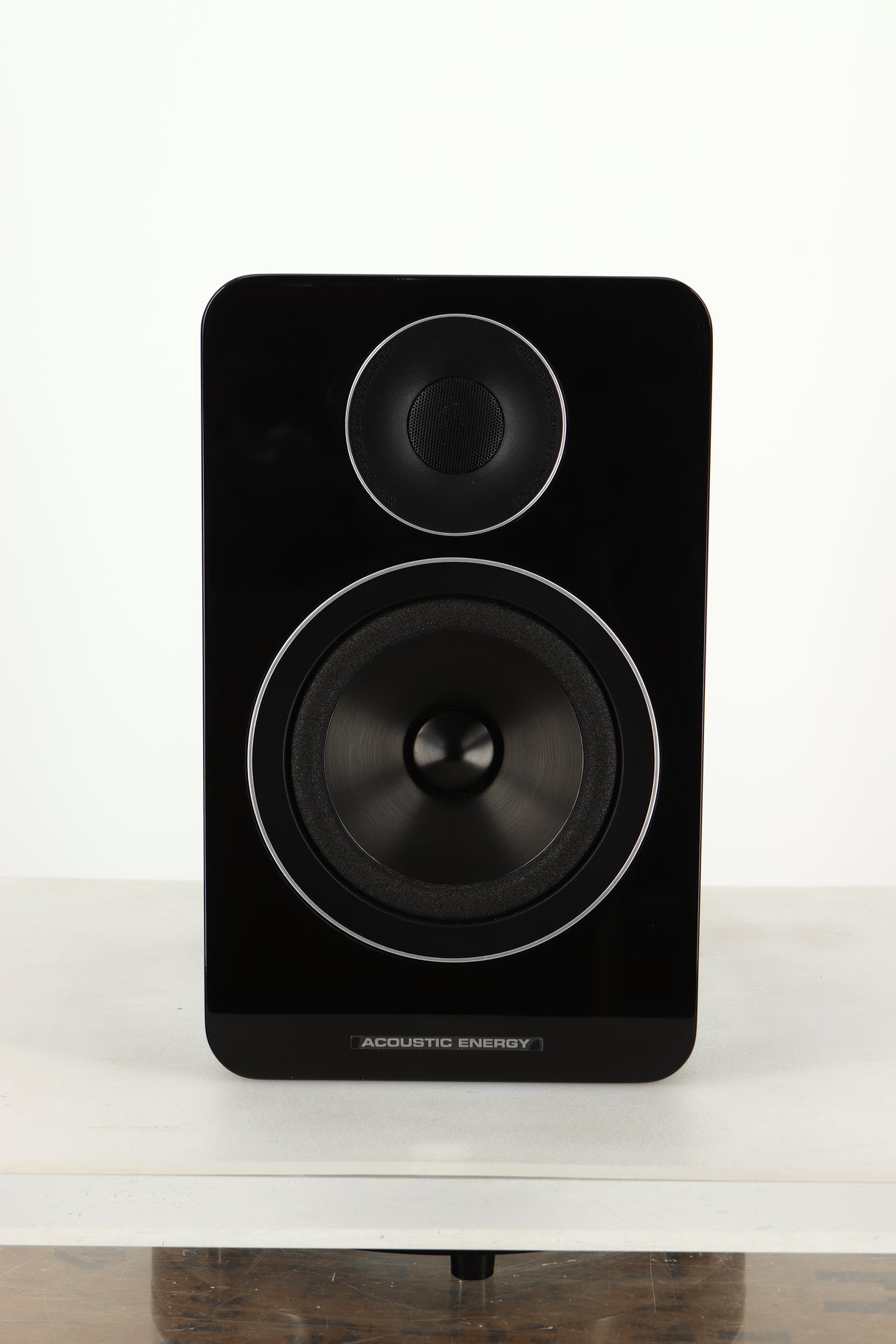 Front view of a used Acoustic Energy AE1 Active Standmount Speakers in Black Piano Lacquer finish