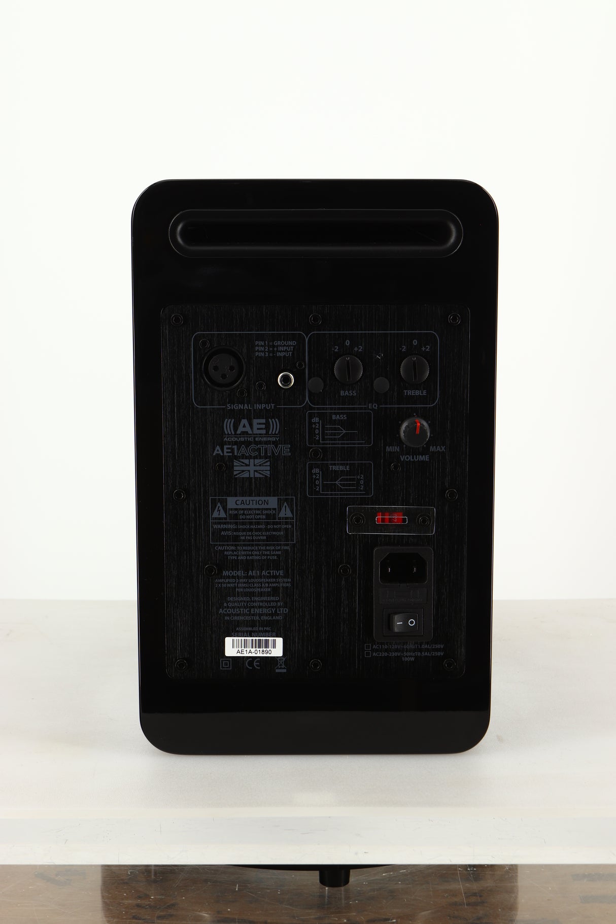 Rear view of a used Acoustic Energy AE1 Active Standmount Speakers in Black Piano Lacquer finish