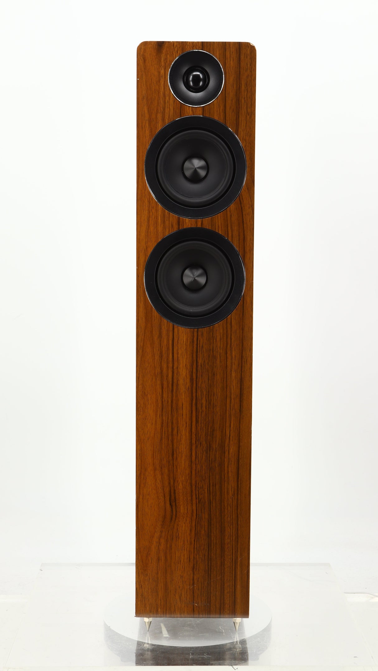 Front view of a used Acoustic Energy AE109 Series Floorstanding Speaker in a walnut finish