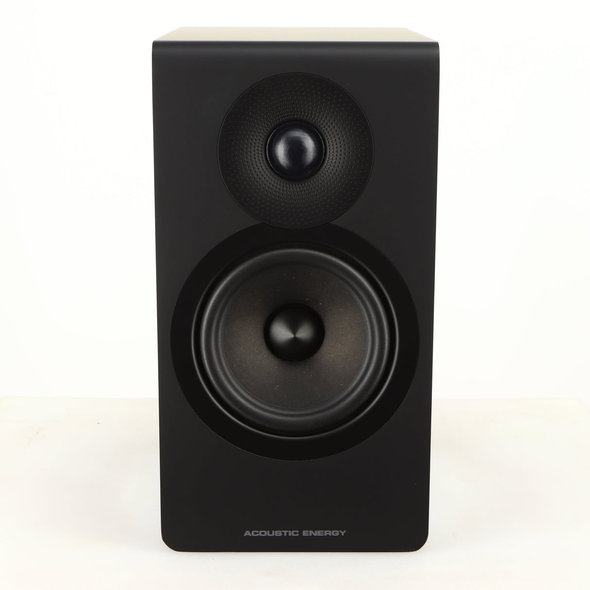 Front view of a used Acoustic Energy AE300 MKII Standmount Speaker in a matte black finish