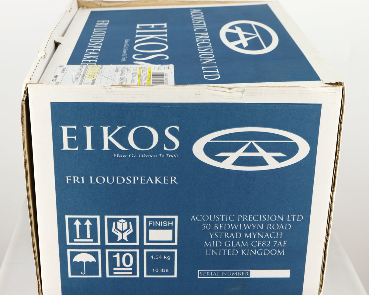 Box for used Acoustic Precision Eikos FR1 Standmount Speakers in a black flock finish