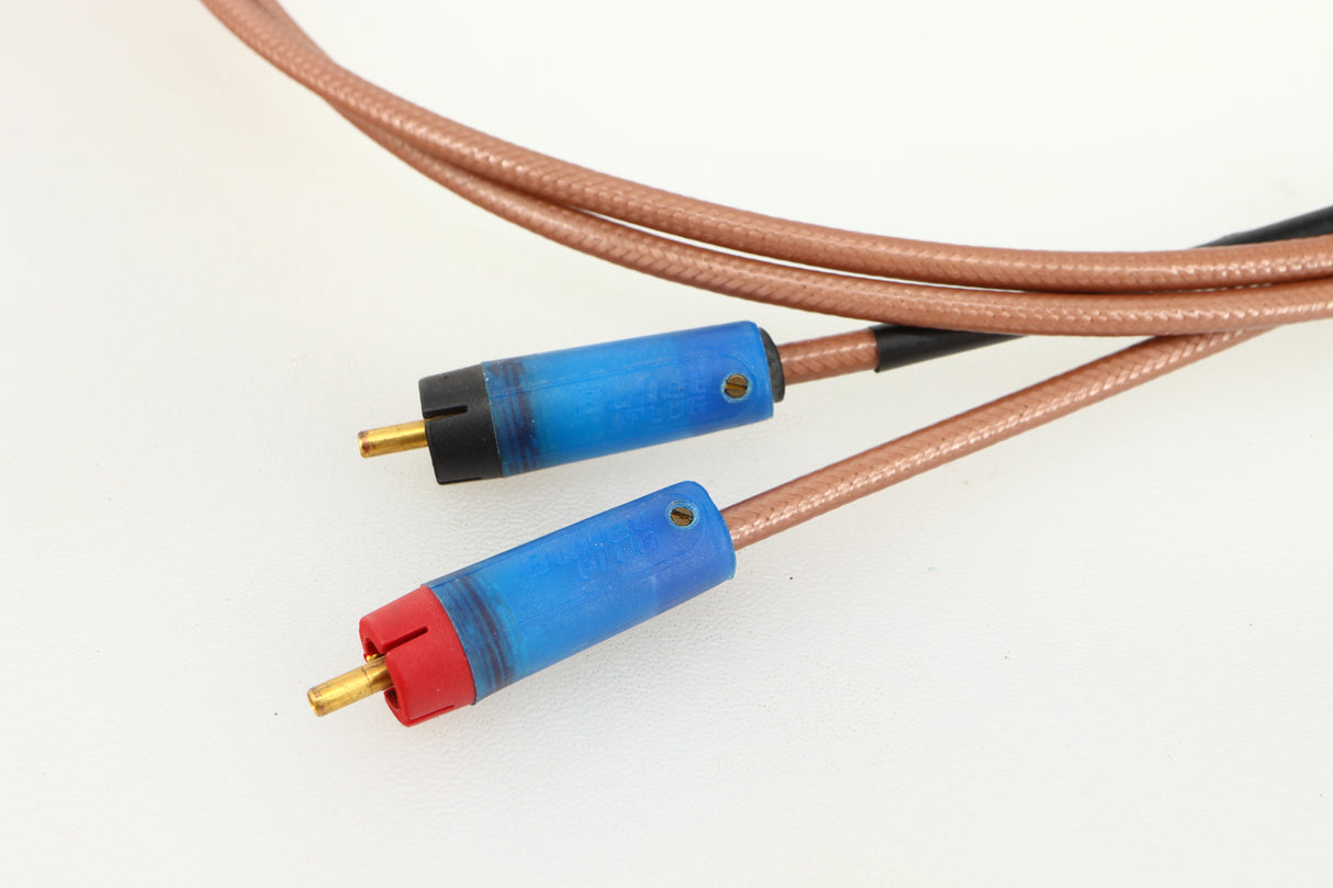 Close up of used Acoustic Precision Eikos Interconnect Cable 1.0m Pair showing connectors