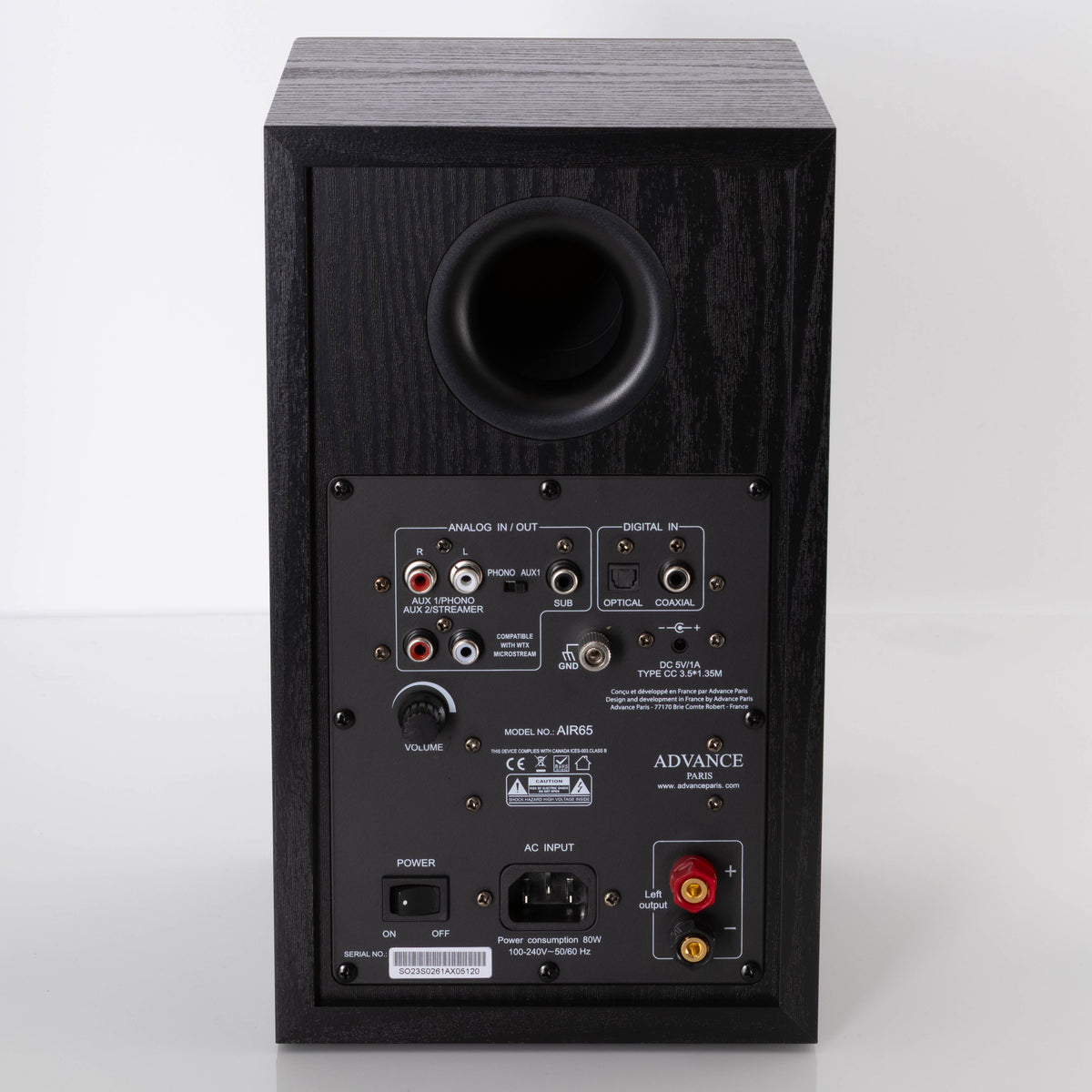 Rear view of a used Advanced Paris AIR 65 Wireless Speaker - Bluetooth Only in a Black finish showing Mains Input, Phono Inputs and Phono Outputs
