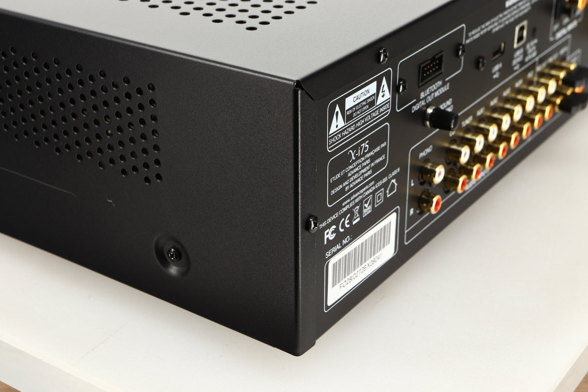 Rear right corner of a used Advanced Paris X-i75 Integrated Amplifier in a black finish