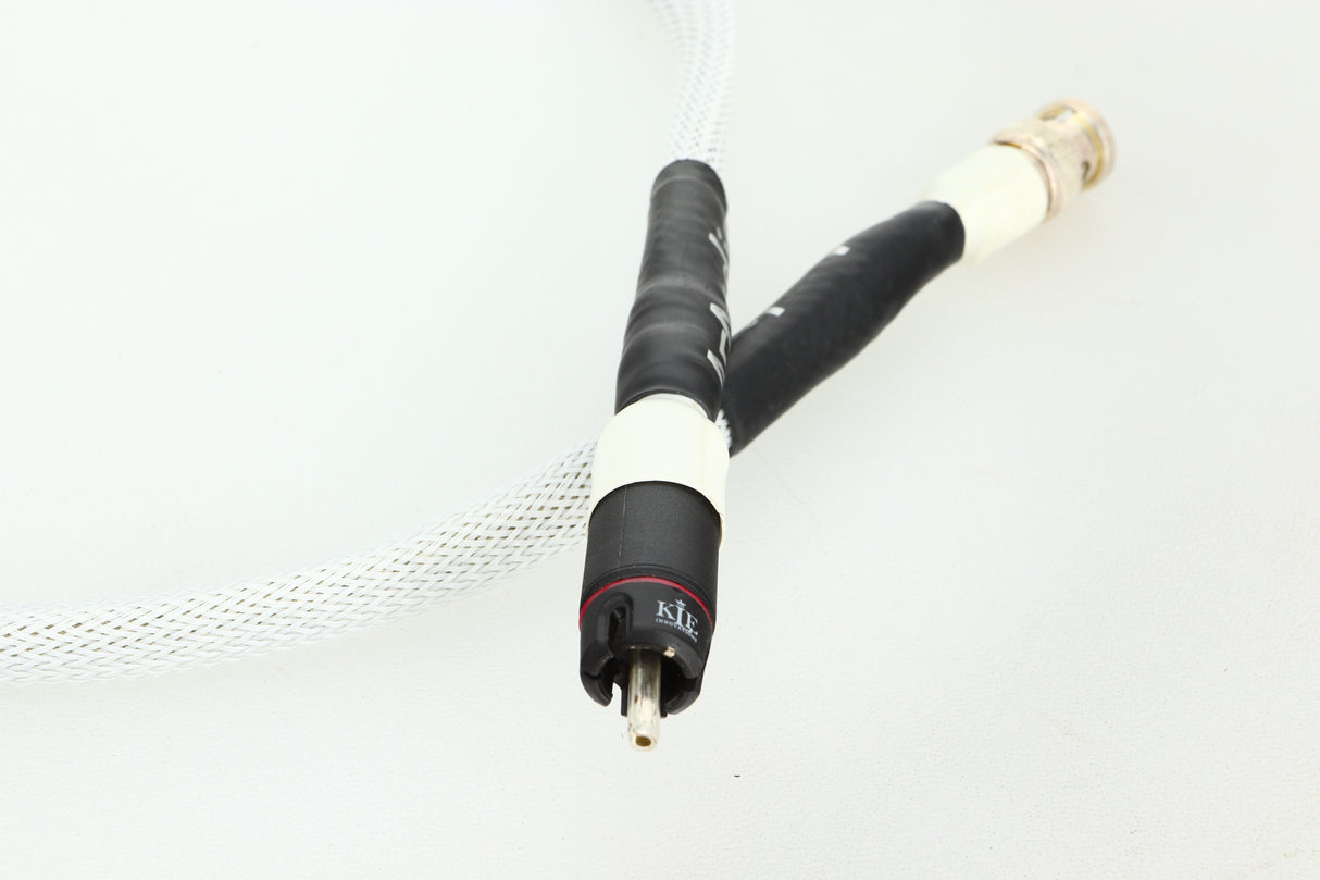 Close up of a used AF Audio Silver Digital Interconnect Cable RCA-BNC 0.75m in a white finish