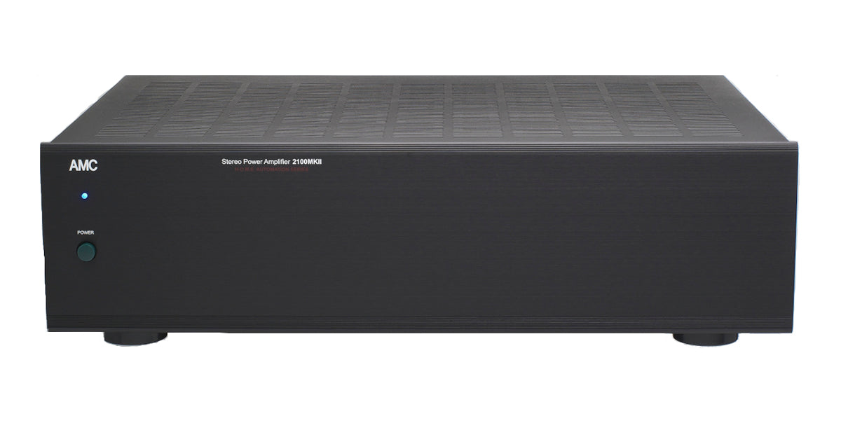 Front view of an AMC 2100MKII Stereo Power Amplifier in a black finish