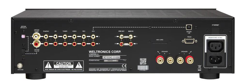 Rear view of an AMC XIA100se Stereo Integrated Amplifier in a black finish