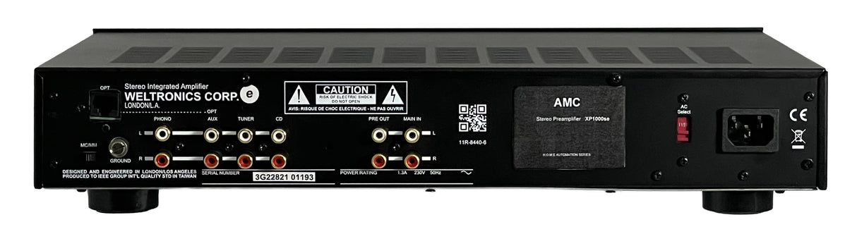 Rear view of an AMC XP1000se Stereo Power Amplifier in a black finish