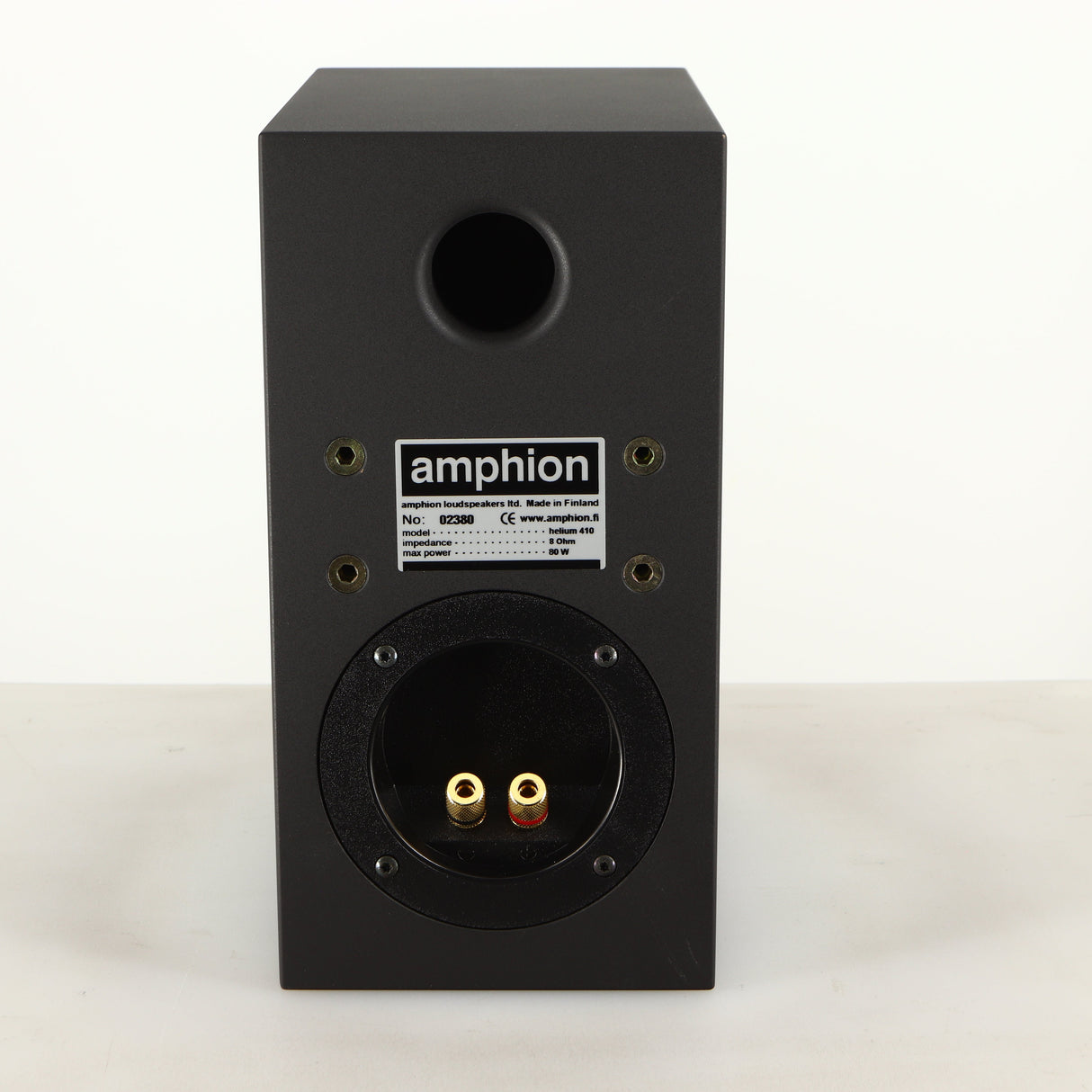 Rear view of a used Amphion Helium 410 Standmount Speaker in a black finish