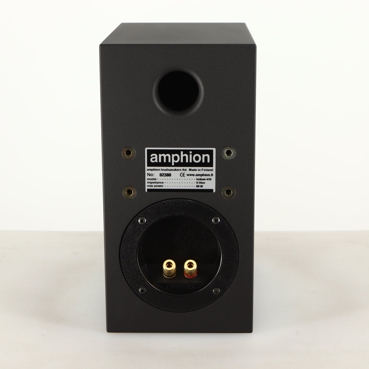 Rear view of a used Amphion Helium 410 Standmount Speaker in a black finish