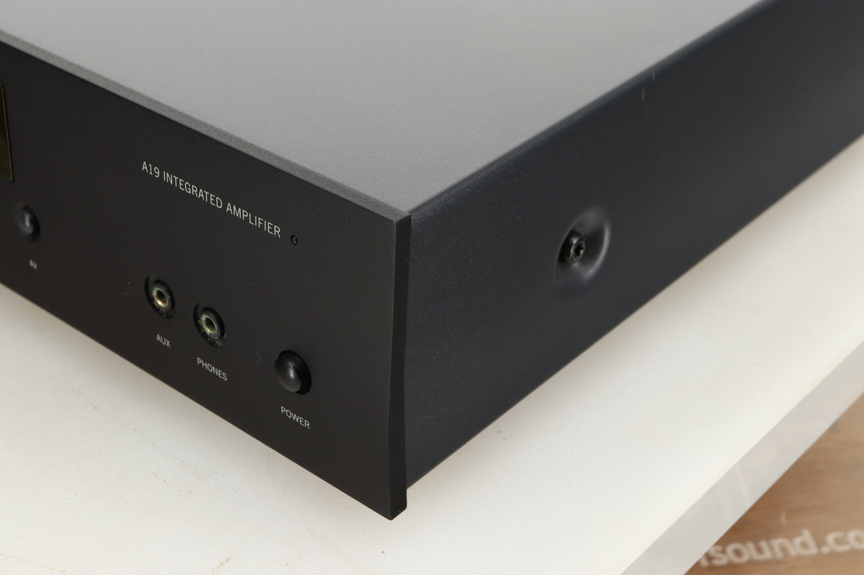 Front right corner view of a used Arcam A19 Integrated Amplifier
