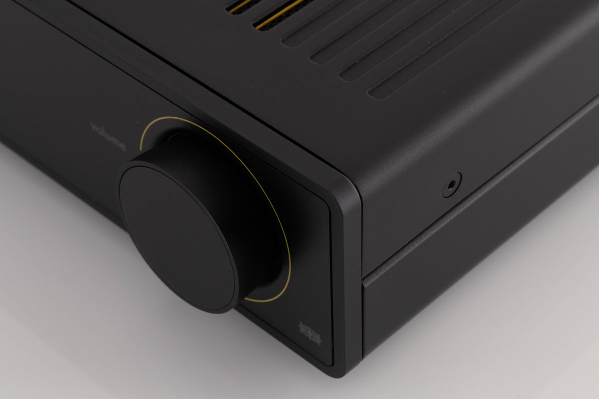 Front right corner of a used Arcam A5 Integrated Amplifier in a Black finish