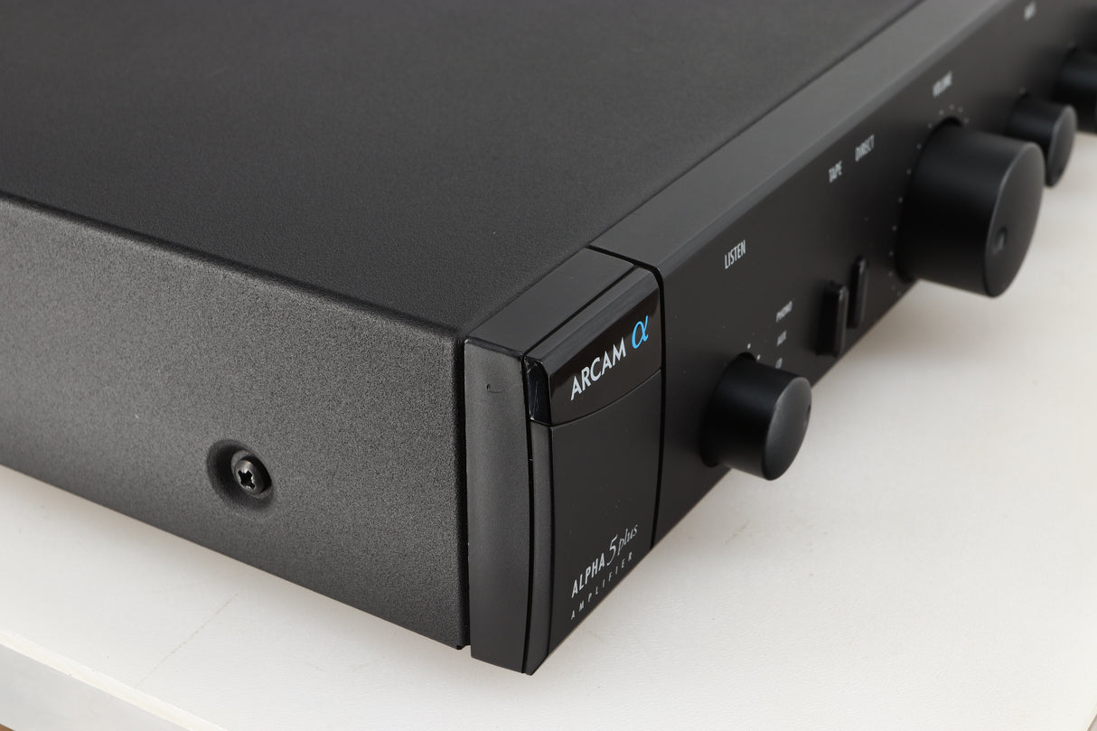 Front left corner of a used Arcam Alpha 5 Plus Integrated Amplifier in a black finish