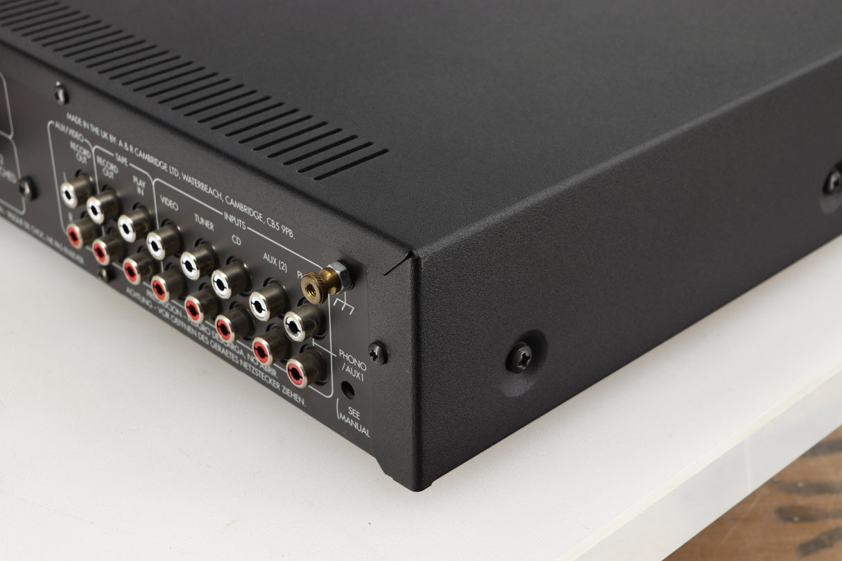 Rear left corner of a used Arcam Alpha 5 Plus Integrated Amplifier in a black finish