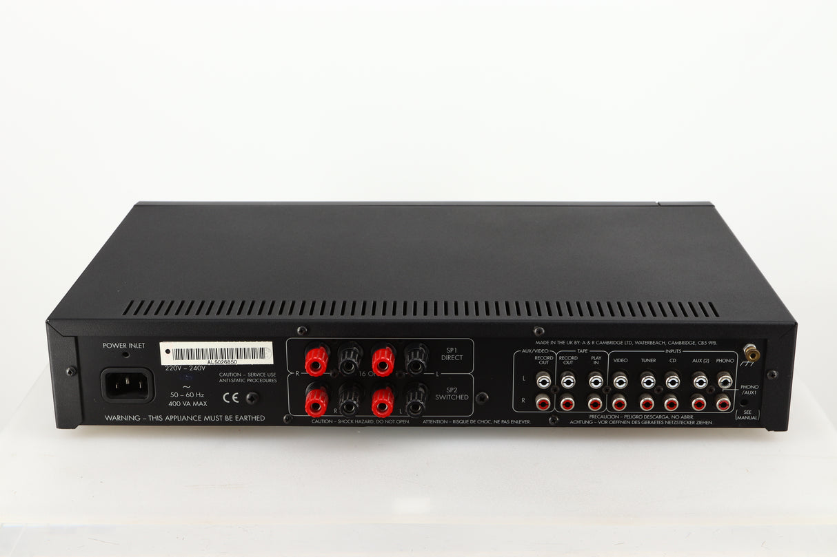 Rear view of a used Arcam Alpha 5 Plus Integrated Amplifier in a black finish showing Mains Input, Phono Inputs and Outputs and Speaker Inputs