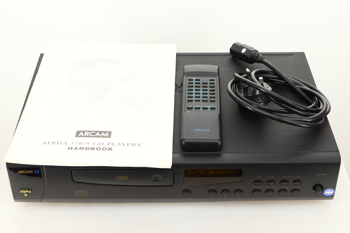 View of a used Arcam Alpha 9 CD Player showing mains cable, manual, and remote