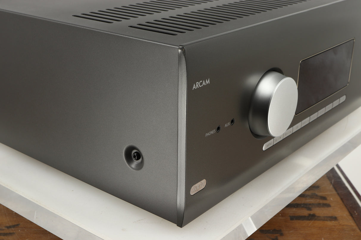 Front left corner of a used Arcam AVR30 AV Amplifier in a grey finish
