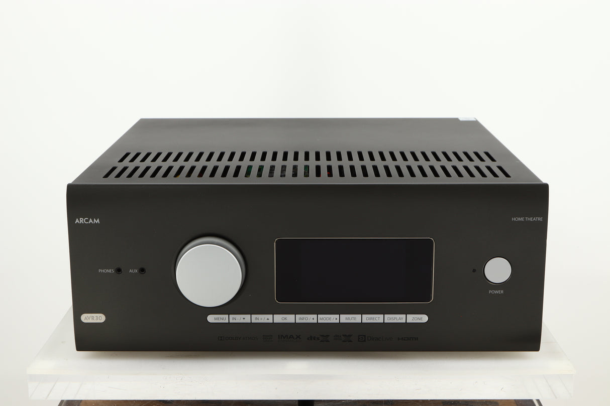 Front view of a used Arcam AVR30 AV Amplifier in a grey finish