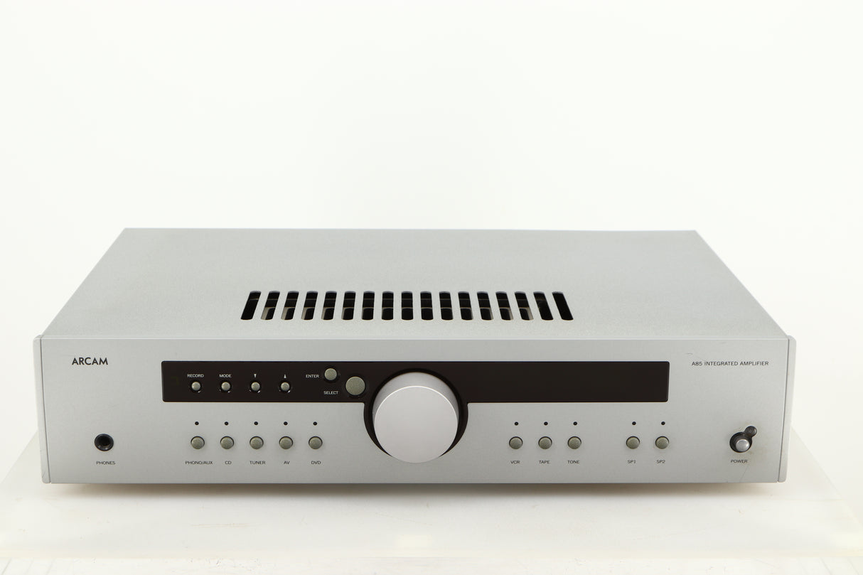 Front view of a used Arcam Diva A85 Integrated Amplifier in a silver finish