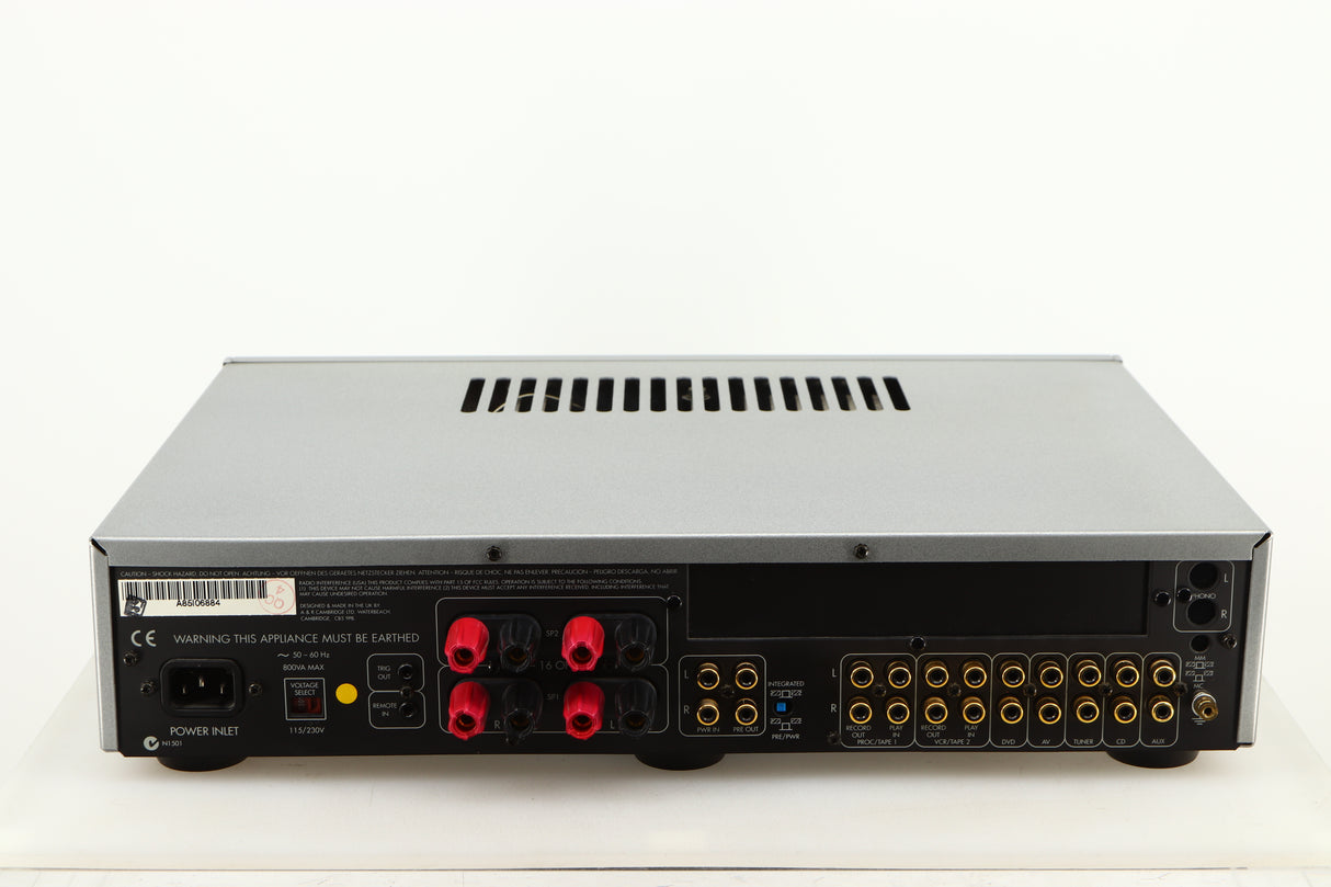 Rear view of a used Arcam Diva A85 Integrated Amplifier in a silver finish showing Phono Inputs, Phono Outputs and Mains Input
