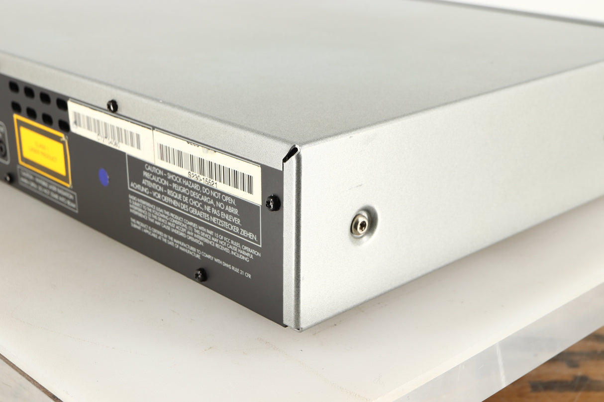 Rear left corner of a used Arcam Diva CD72 CD Player in a silver finish