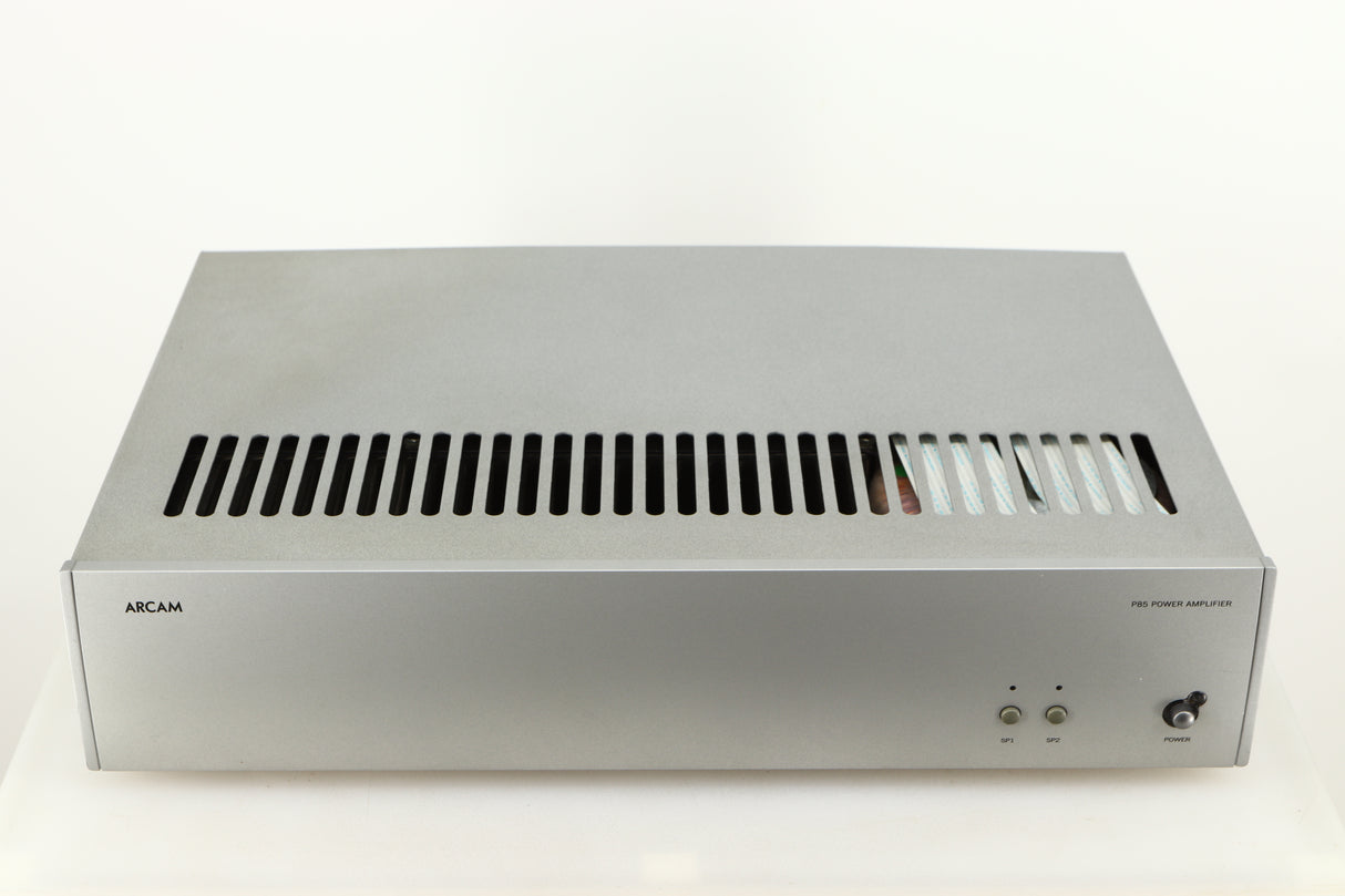 Top of a used Arcam P85/3 Power Amplifier in a silver finish