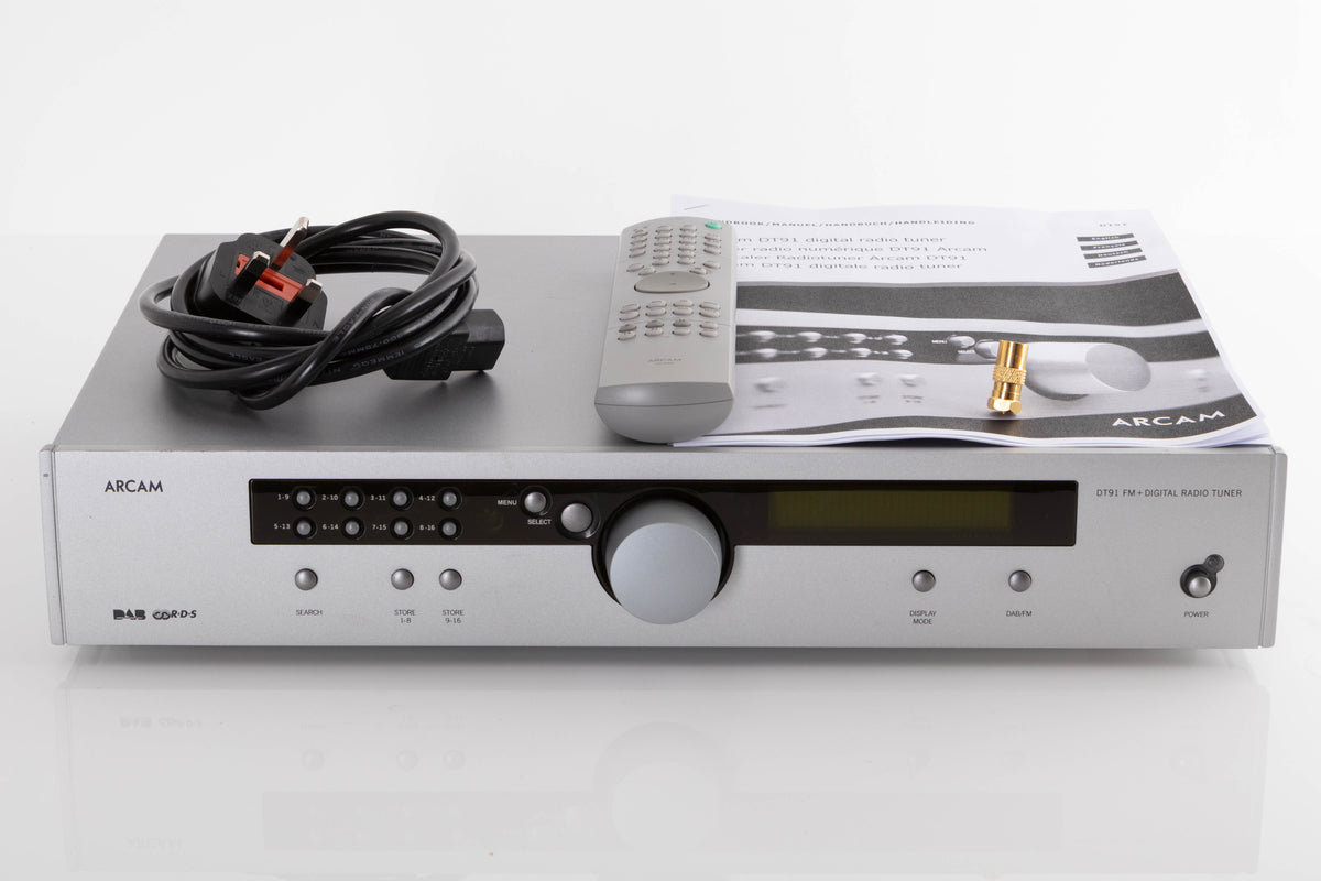 Front view of a used Arcam DT91 Digital Radio Tuner in Silver with mains cable, remote, and BNC adaptor