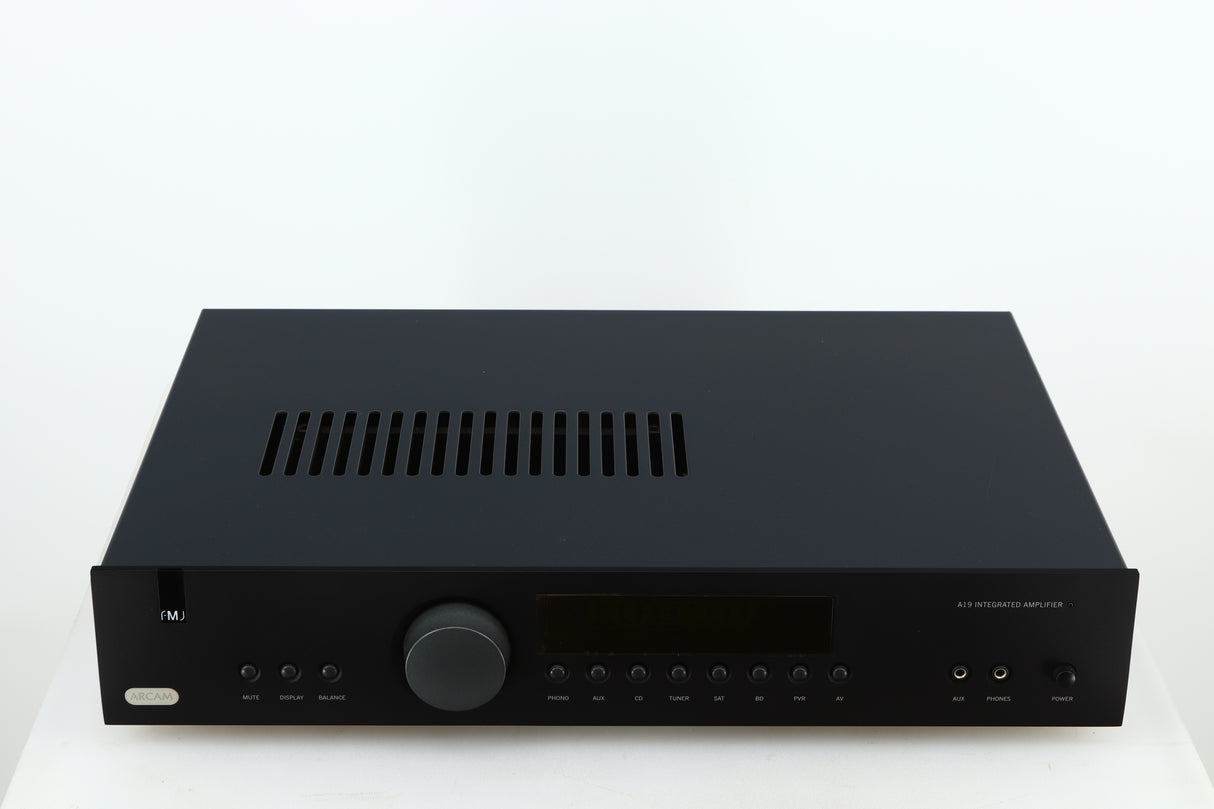 Top of a used Arcam FMJ A19 Integrated Amplifier in a black finish