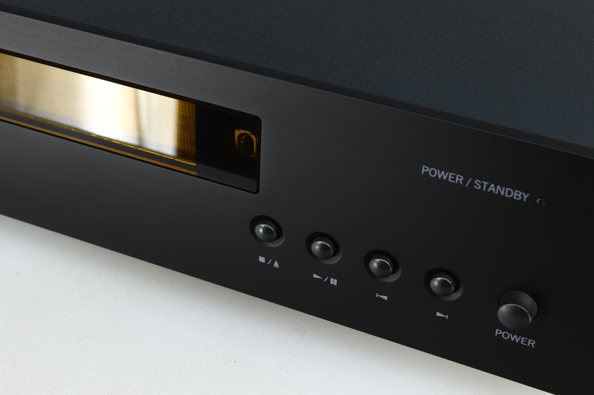 Close up of a used Arcam FMJ CDS27 CD Player in a black finish showing the fascia