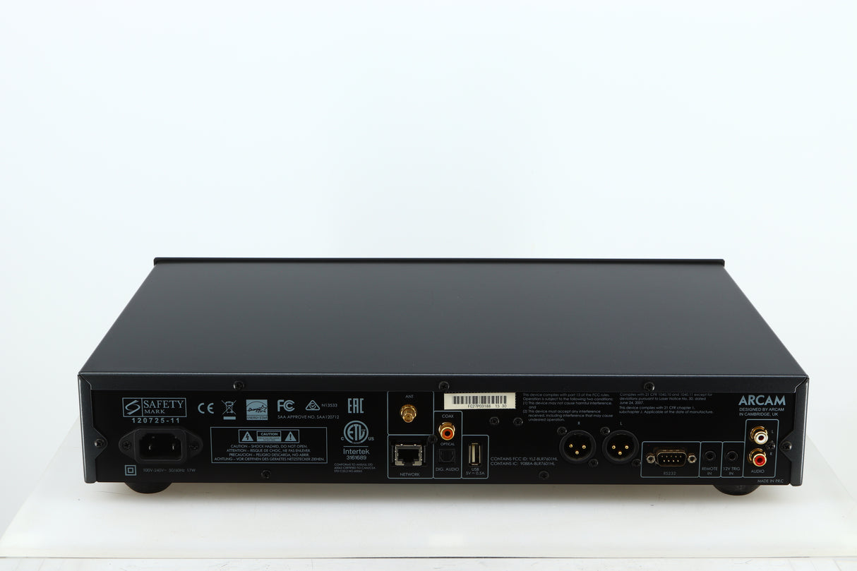 Rear view of a used Arcam FMJ CDS27 CD Player in a black finish showing Mains Input, Optical Input, Network Input, USB Input and Phono Inputs