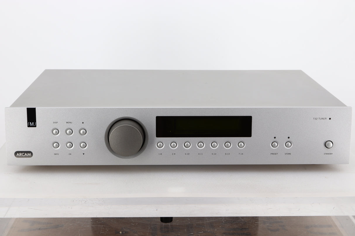 Front view of a used Arcam FMJ T32 FM / DAB Tuner in a silver finish