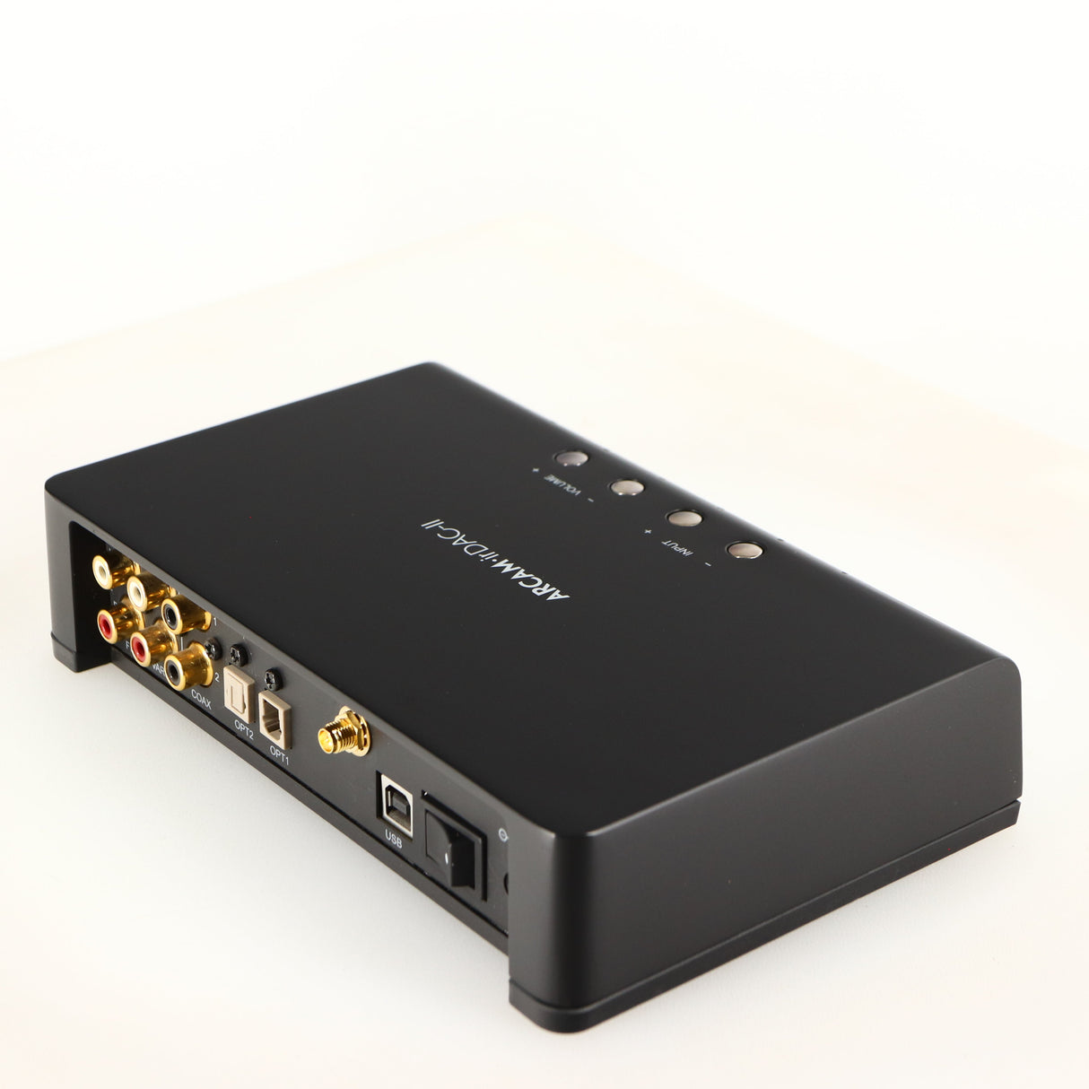Rear left corner of a used Arcam ir-DAC-II Digital Analogue Converter in a black finish
