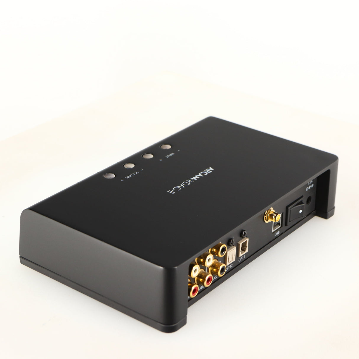 Rear right corner of a used Arcam ir-DAC-II Digital Analogue Converter in a black finish