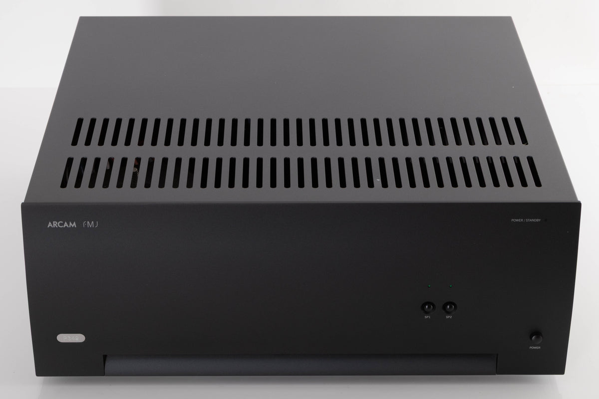 Top of a used Arcam P349 Power Amplifier in a Black finish