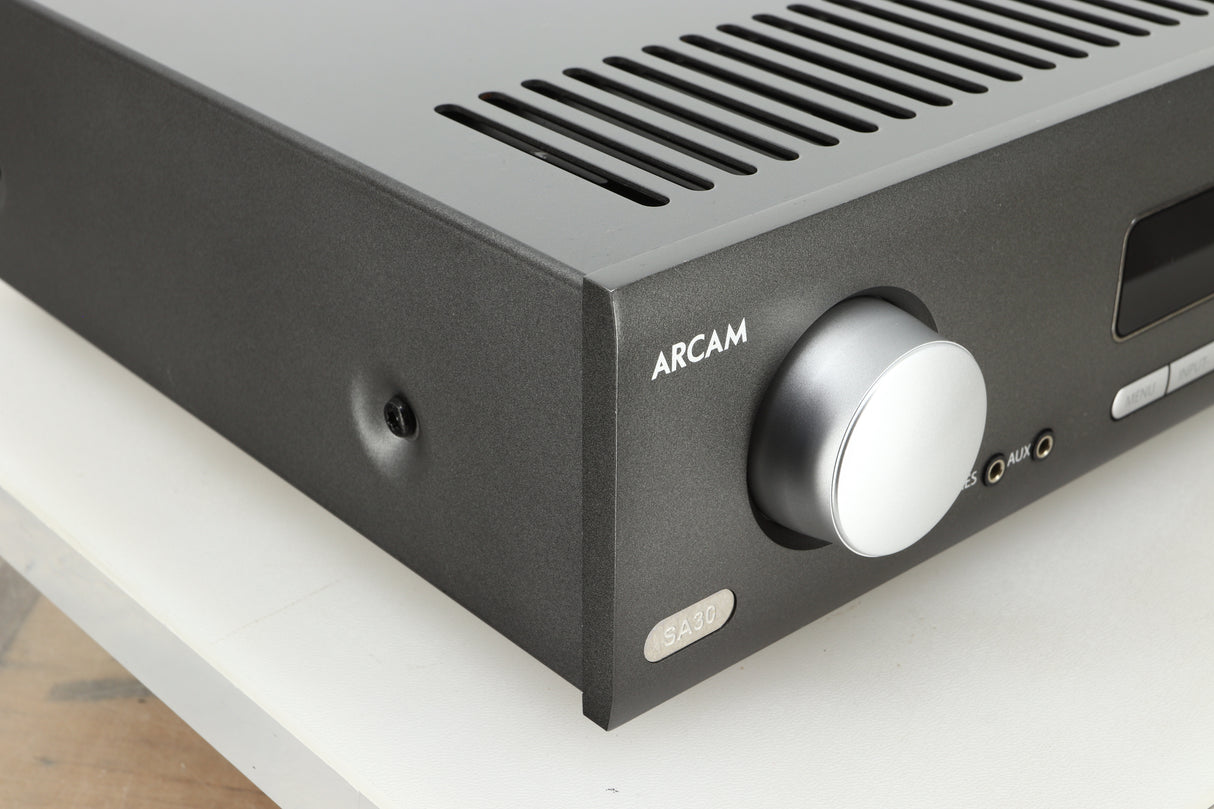 Front left corner view of a used Arcam SA30 Integrated Amplifier