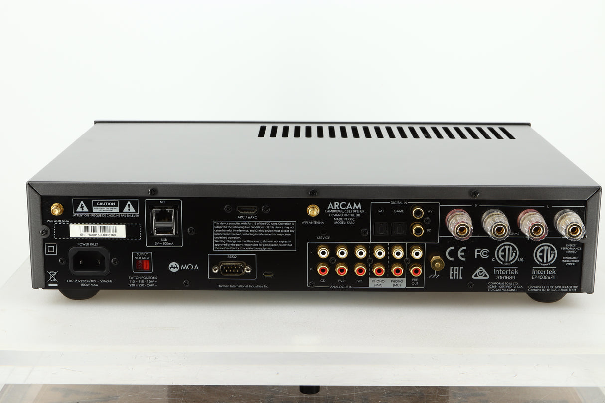 Rear view of a used Arcam SA30 Integrated Amplifier showing speaker outputs, mains, RCA, ethernet, and USB inputs