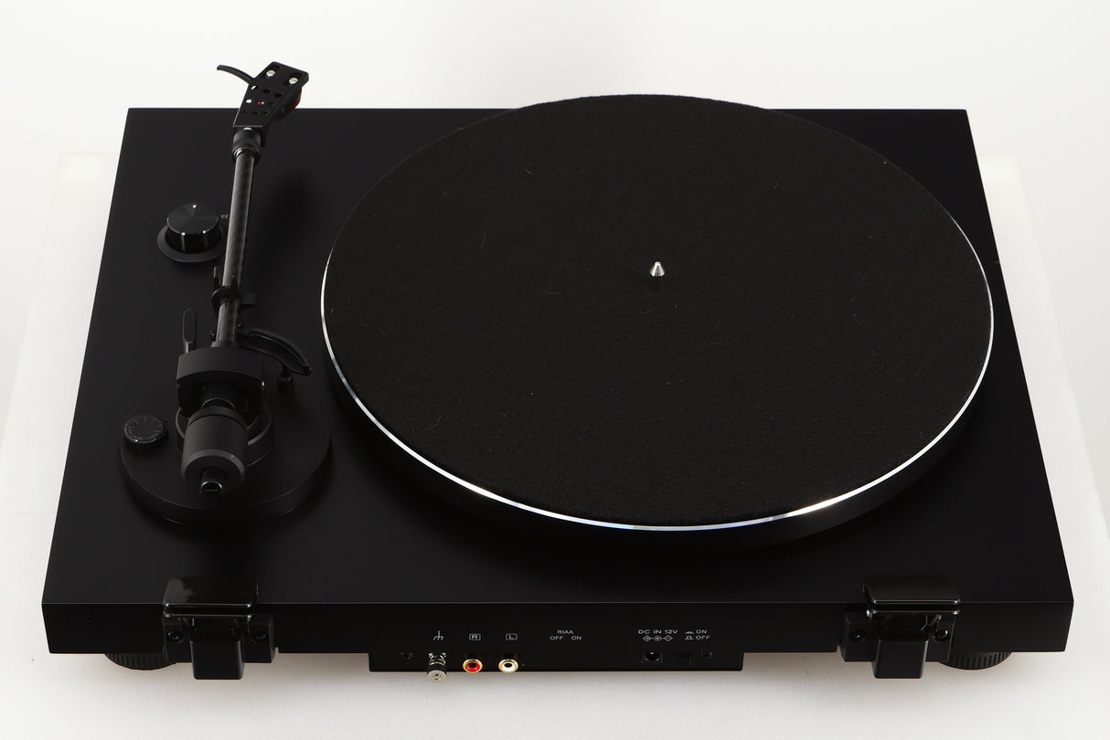 Rear view of a used Argon TT-3 PLUS Turntable / Ortofon 2M Red Cartridge in a black finish showing Phono Inputs and Power Input