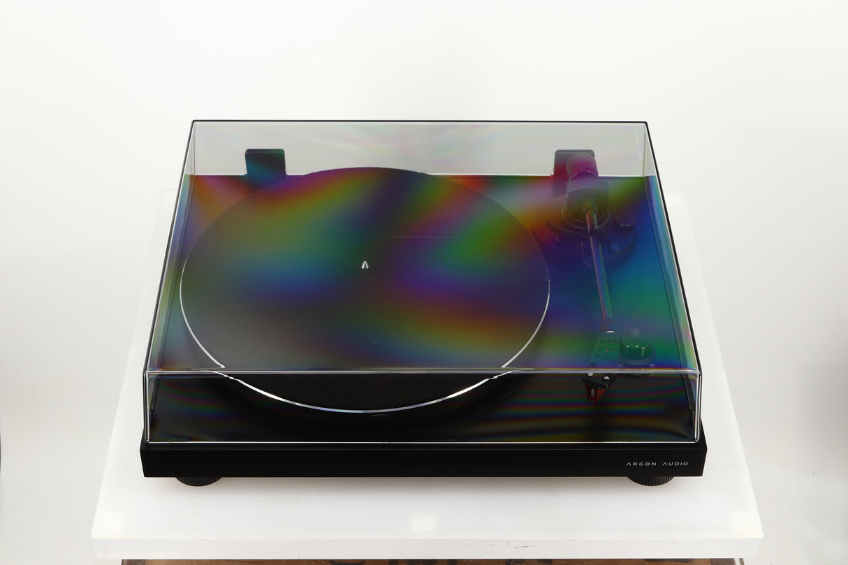 Top of a used Argon TT-3 PLUS Turntable / Ortofon 2M Red Cartridge in a black finish
