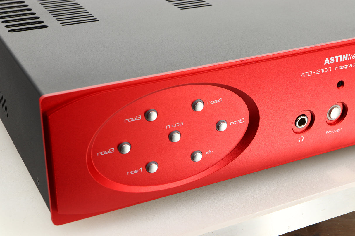 Close up view of an Astin Trew AT2-2100 Integrated Amplifier in Red finish
