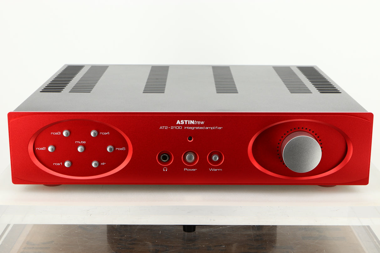 Front view of an Astin Trew AT2-2100 Integrated Amplifier in Red finish