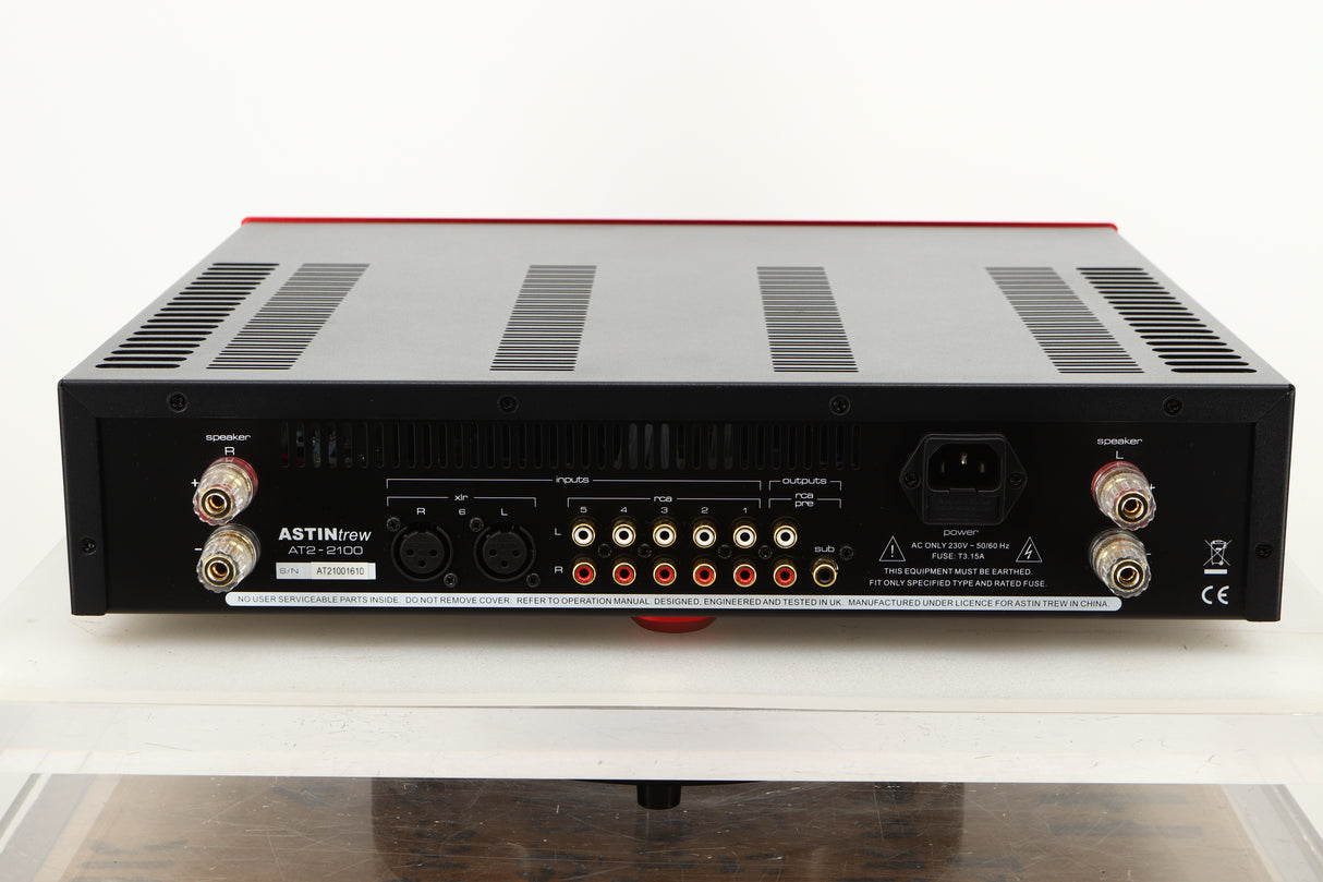 Rear view of an Astin Trew AT2-2100 Integrated Amplifier in Red finish