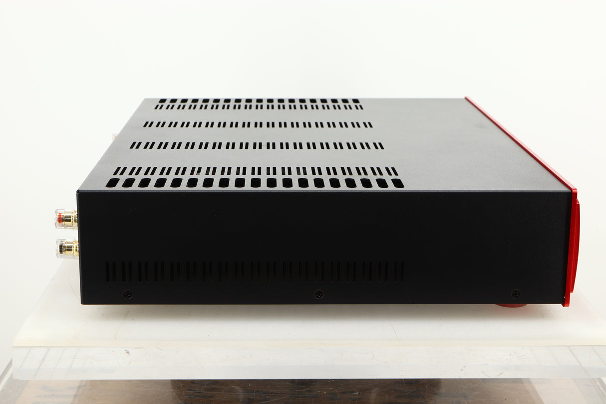 Side view of an Astin Trew AT2-2100 Integrated Amplifier in Red finish