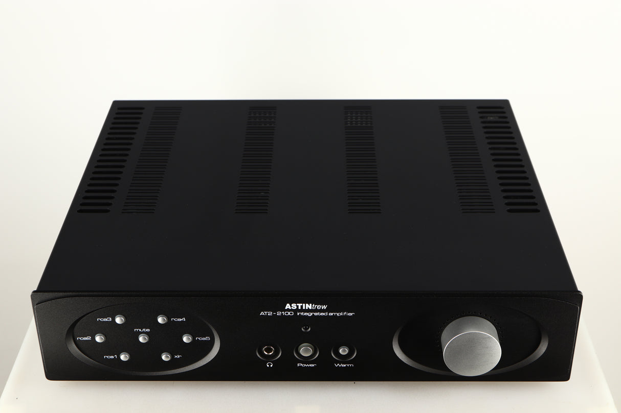 Top of a used Astin Trew AT2-2100 Integrated Amplifier in a black finish