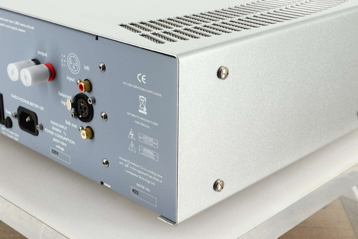 Rear right corner view of a used ATC P1 Power Amplifier in silver finish